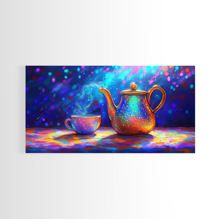 Iridescent Teapot And Teacup Still Life Canvas Print, Colorful Kitchen Wall Art, Tea Lover Gift, Modern Home Decor, Dining Room Print