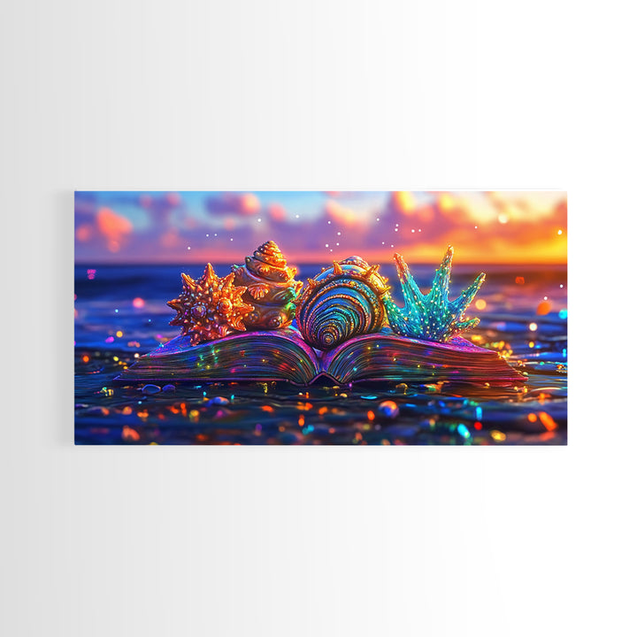 Glowing Seashells On Open Book Framed Canvas Print, Coastal Wall Art, Beach House Decor, Ocean Lover Gift For Her, Nautical Home Decor