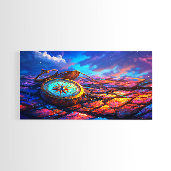 Antique Compass On Rainbow Cobblestones Canvas Print, Travel Wall Art, Wanderlust Decor, Nautical Office Decor Gift For Him