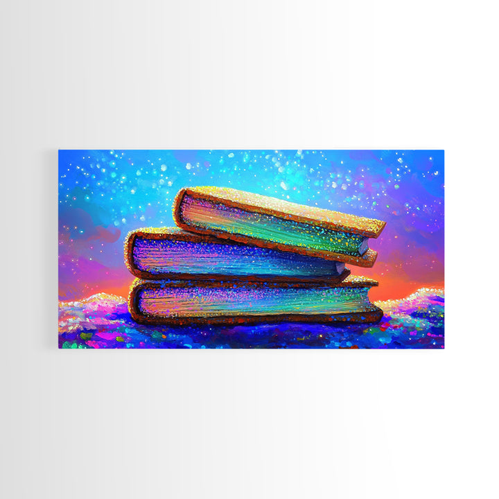 Stacked Rainbow Books Under Starry Sky Canvas Print, Book Lover Wall Art, Library Decor, Cozy Reading Nook Gift For Home Office Decor