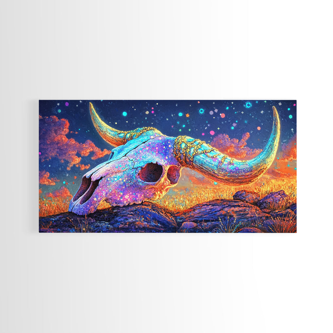 Iridescent Longhorn Skull Desert Sunset Wall Art, Western Decor, Cow Skull Canvas Print, Southwestern Home Decor Gift For Him