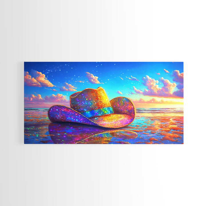 Sparkling Cowboy Hat On Sunset Beach Wall Art, Western Coastal Decor, Cowgirl Canvas Print, Beach House Gift For Her, Home Decor