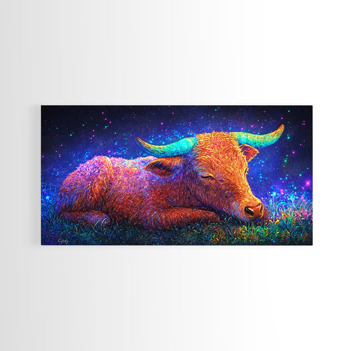 Sleeping Longhorn Cow Under Starry Sky Wall Art, Western Animal Canvas Print, Rustic Farmhouse Decor, Gift For Him, Home Decor
