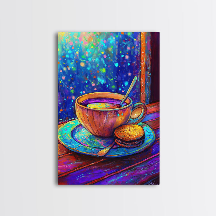 Cozy Tea Cup And Cookie Canvas Print, Coffee Shop Wall Art, Cafe Decor, Kitchen Wall Decor, Whimsical Foodie Gift For Dining Room Prints