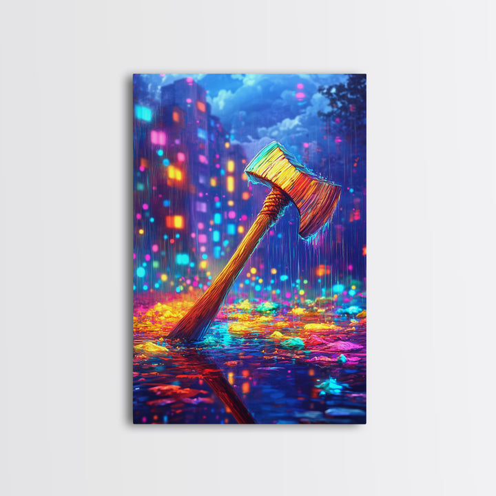 Neon Axe In Rainy City Framed Canvas Print, Cyberpunk Wall Art, Dystopian Decor, Gamer Room Art, Unique Gift For Him, Home Decor