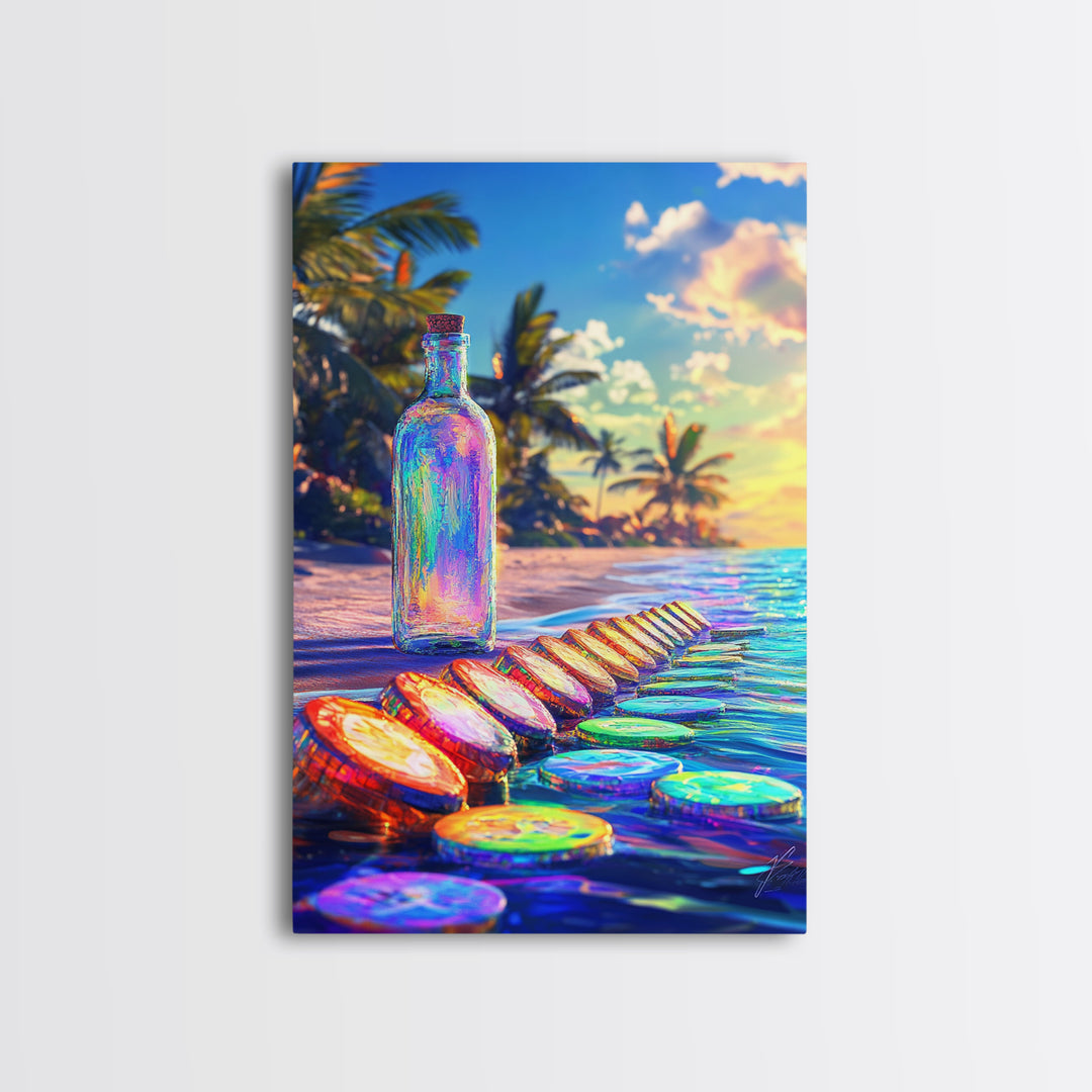 Rainbow Glass Bottle On Tropical Beach Canvas Print, Coastal Wall Art, Beach House Decor, Ocean Art Print, Summer Home Decor