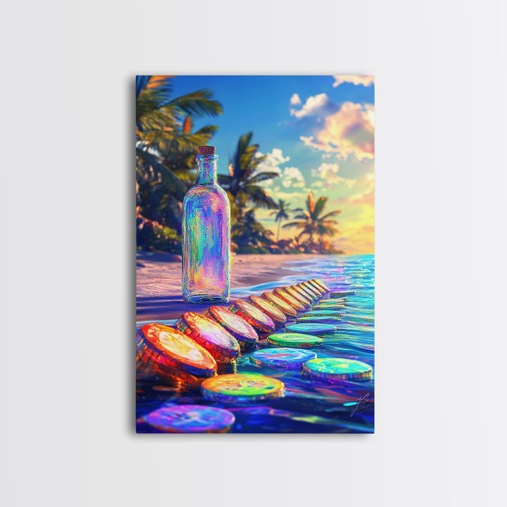 Rainbow Glass Bottle On Tropical Beach Canvas Print, Coastal Wall Art, Beach House Decor, Ocean Art Print, Summer Home Decor