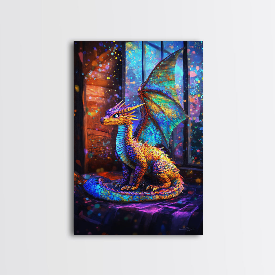 Iridescent Baby Dragon On Windowsill Wall Art, Fantasy Art, Whimsical Decor, Kids Room Art, Dragon Gift, Framed Canvas Print