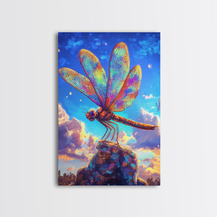 Stained Glass Dragonfly On Rock Canvas Print, Colorful Wildlife Art, Nature Wall Art, Whimsical Decor, Nature Lover Gift