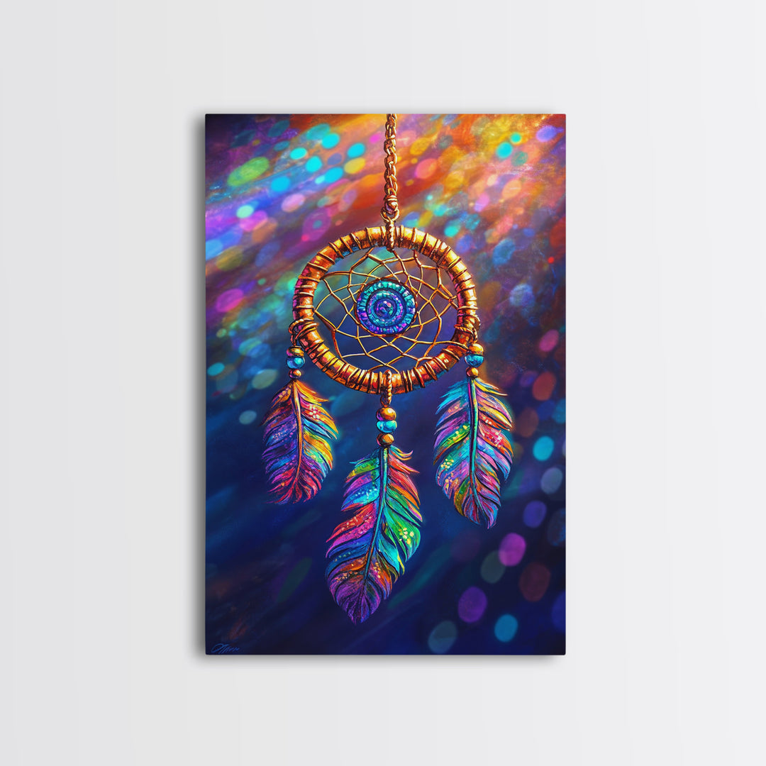 Rainbow Feather Dreamcatcher Wall Art, Boho Wall Decor, Spiritual Art, Celestial Decor, Whimsical Gift, Framed Canvas Print