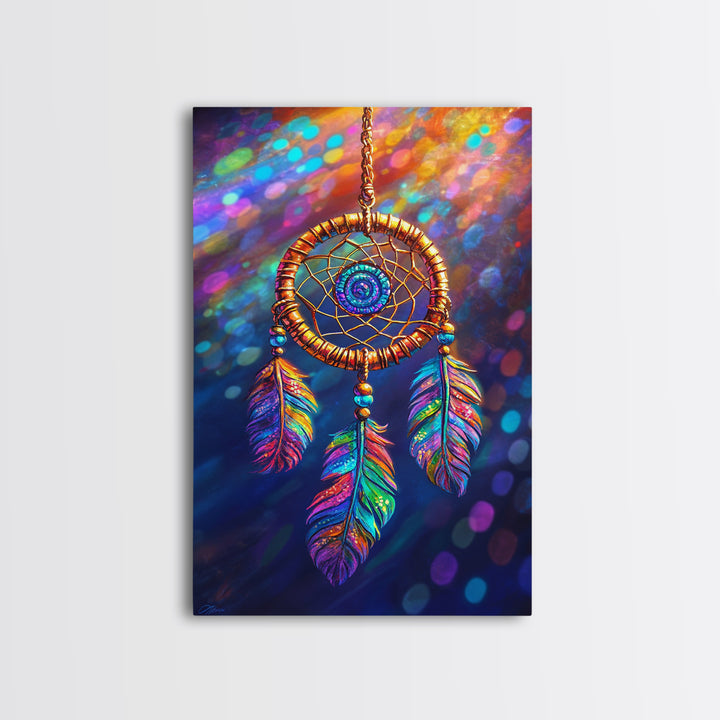 Rainbow Feather Dreamcatcher Wall Art, Boho Wall Decor, Spiritual Art, Celestial Decor, Whimsical Gift, Framed Canvas Print