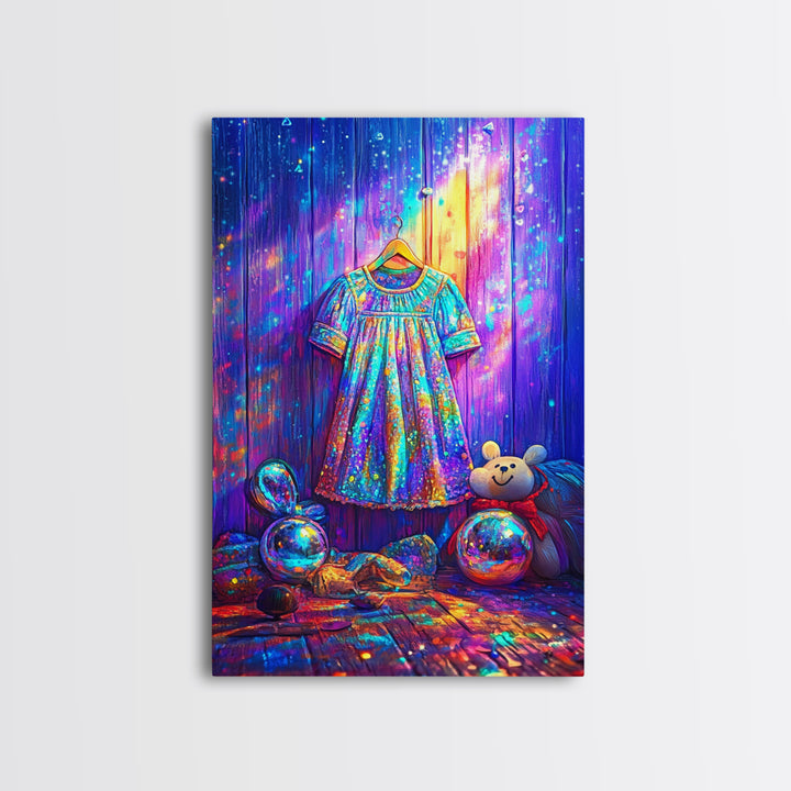 Sparkling Rainbow Toddler Dress With Toy Bear Wall Art, Colorful Nursery Decor, Girls Room Art, Whimsical Kids Room Print