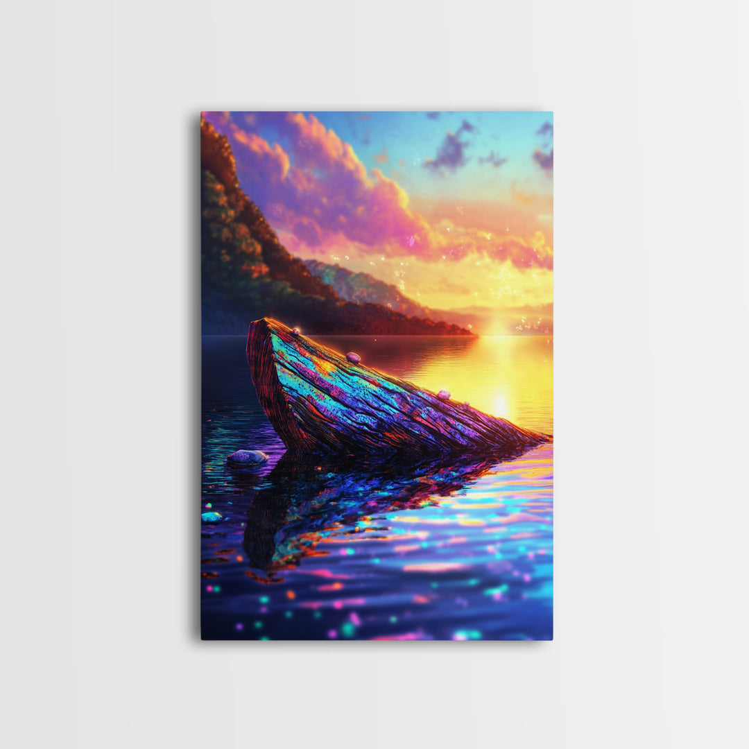 Iridescent Driftwood Boat On Mountain Lake Canvas Print, Sunset Landscape Art, Coastal Wall Decor, Colorful Nature Print