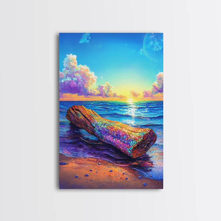 Rainbow Driftwood Log On Sunny Ocean Beach Canvas Print, Coastal Wall Art, Seascape Decor, Beach House Art, Large Wall Decor