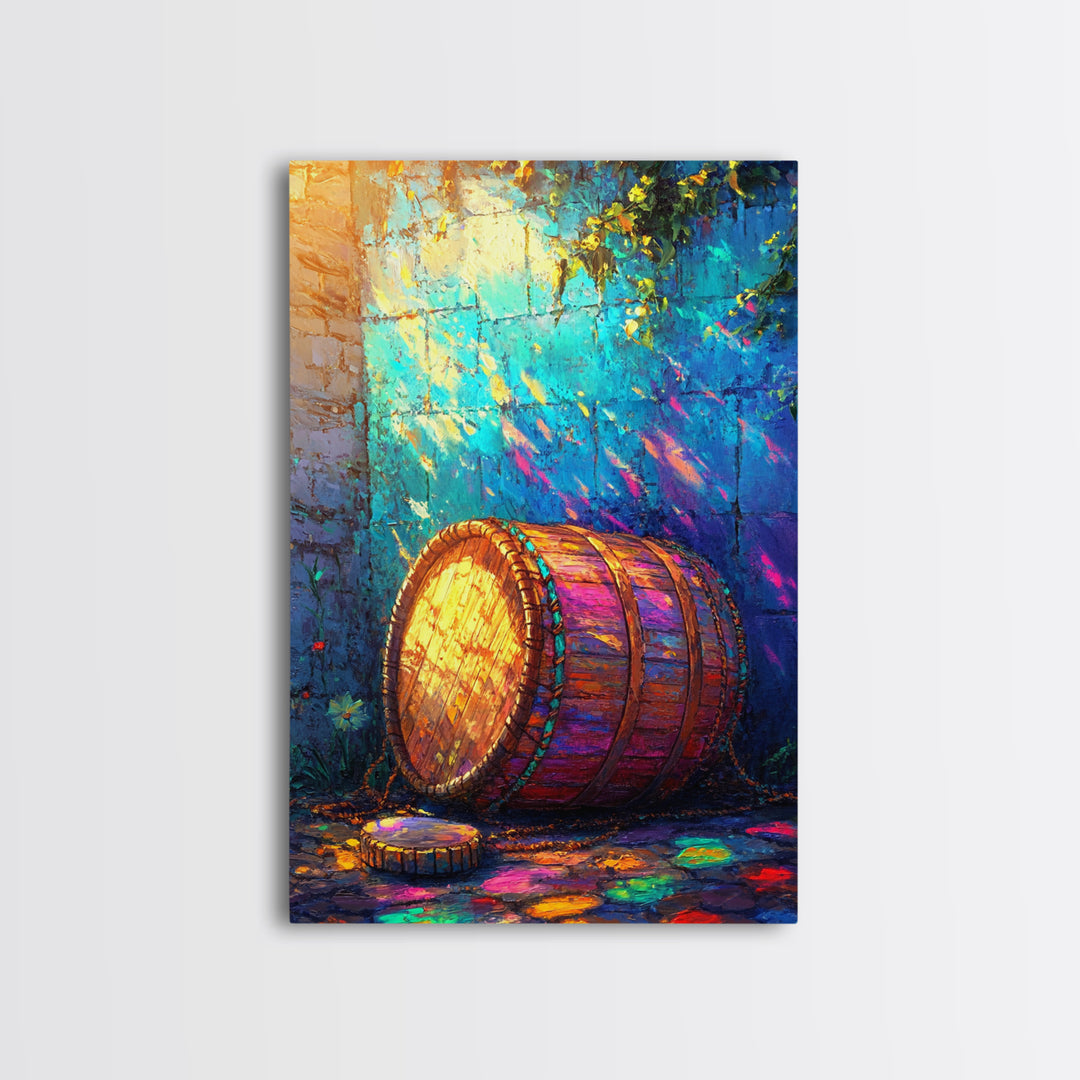 Sunlit Wooden Barrel Against Turquoise Wall Canvas Print, Rustic Kitchen Wall Art, Farmhouse Decor, Colorful Courtyard Print