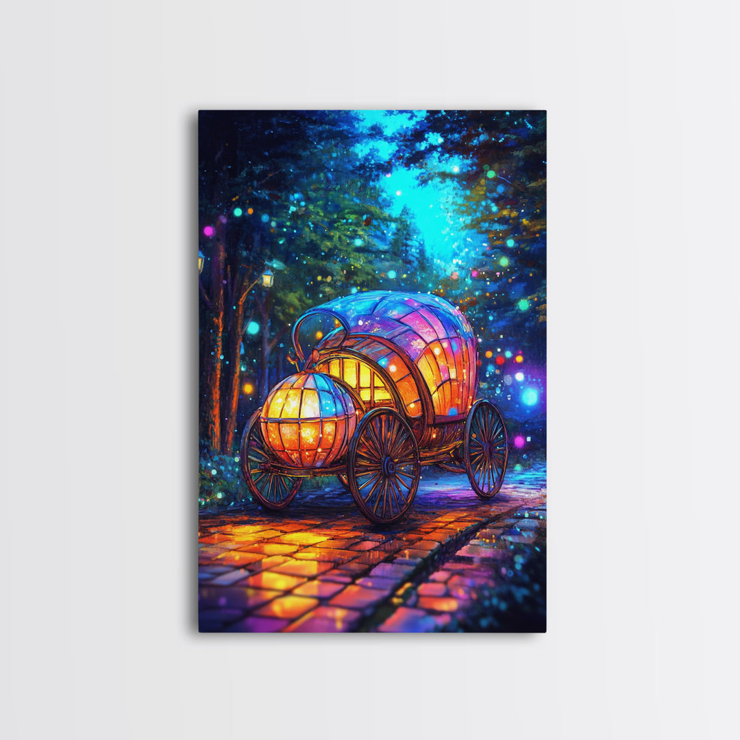 Glowing Pumpkin Carriage In Forest Canvas Print, Fairytale Wall Decor, Whimsical Nursery Art, Fantasy Room Decor Gift For Girls Room
