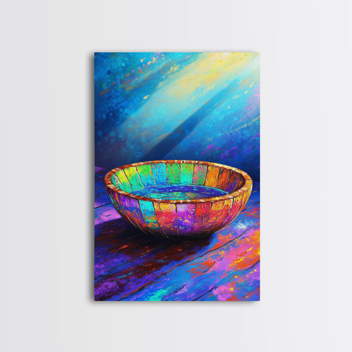 Rustic Rainbow Wooden Bowl Canvas Print, Colorful Kitchen Wall Art, Modern Farmhouse Decor, Wabi Sabi Art, Housewarming Gift