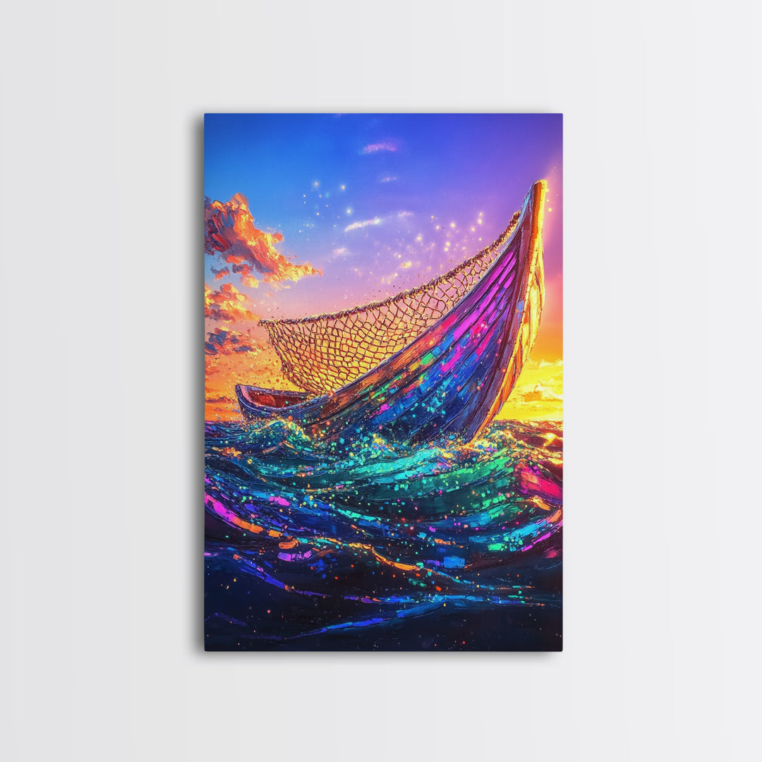 Glowing Fishing Boat At Sunset Framed Canvas Print, Ocean Wall Art, Coastal Decor, Nautical Seascape, Beach House Living Room Decor Gift