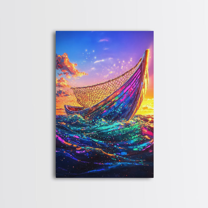 Glowing Fishing Boat At Sunset Framed Canvas Print, Ocean Wall Art, Coastal Decor, Nautical Seascape, Beach House Living Room Decor Gift