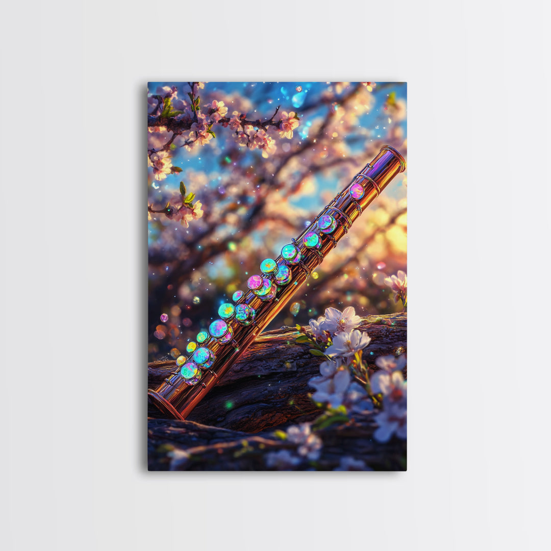 Jeweled Flute With Cherry Blossoms Canvas Print, Music Wall Art, Japanese Floral Spring Decor, Elegant Music Room Wall Decor