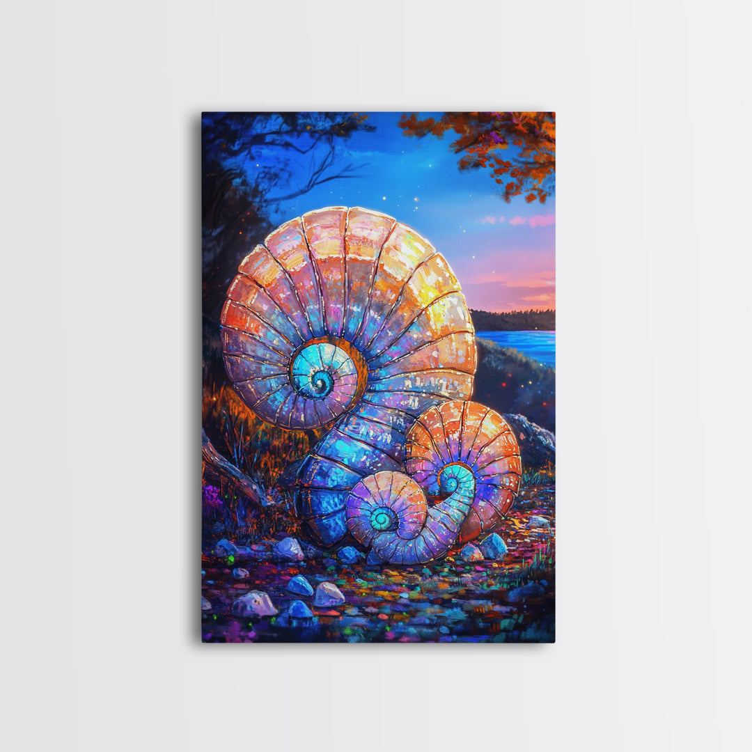 Glowing Nautilus Shells By Twilight Lake Framed Canvas Print, Coastal Wall Art, Seashell Decor, Beach House Gift, Ocean Wall Decor