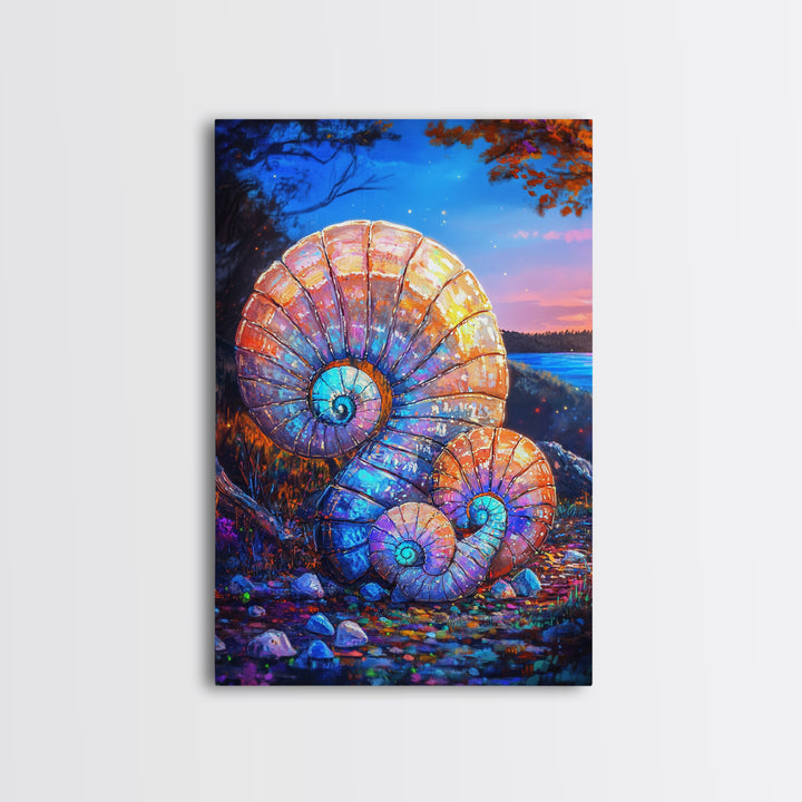 Glowing Nautilus Shells By Twilight Lake Framed Canvas Print, Coastal Wall Art, Seashell Decor, Beach House Gift, Ocean Wall Decor