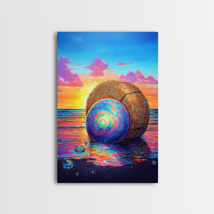 Rainbow Shell And Hay Bale On Beach Canvas Print, Coastal Wall Art, Ocean Sunset Seascape Decor, Beach House Home Decor Gift