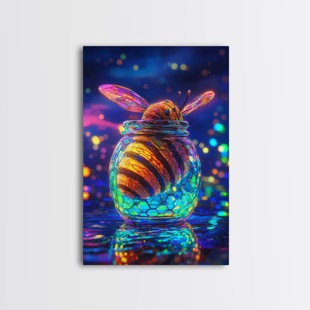 Glowing Honey Bee In Glass Jar Framed Canvas Print, Whimsical Animal Wall Art, Nature Home Decor, Bee Lover Gift For Her