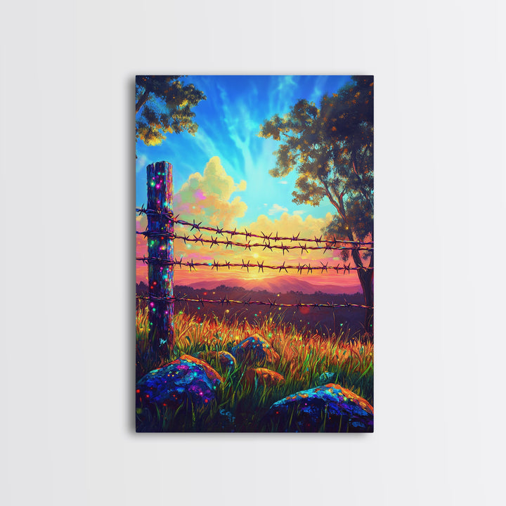 Barbed Wire Fence At Sunset Meadow Canvas Print, Rustic Western Wall Art, Farmhouse Decor, Country Landscape Housewarming Gift
