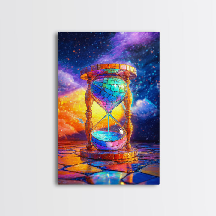 Cosmic Stained Glass Hourglass Canvas Print, Surreal Celestial Wall Art For Office Decor, Modern Home Decor Living Room Gift