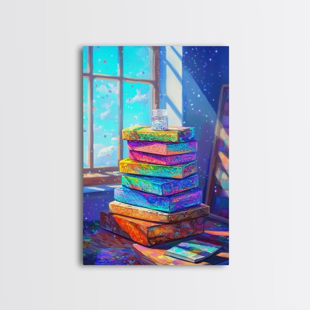 Rainbow Stack Of Books By Sunny Window Canvas Print, Cozy Bookstore Wall Art For Library Decor And Reading Nook Home Decor Gift