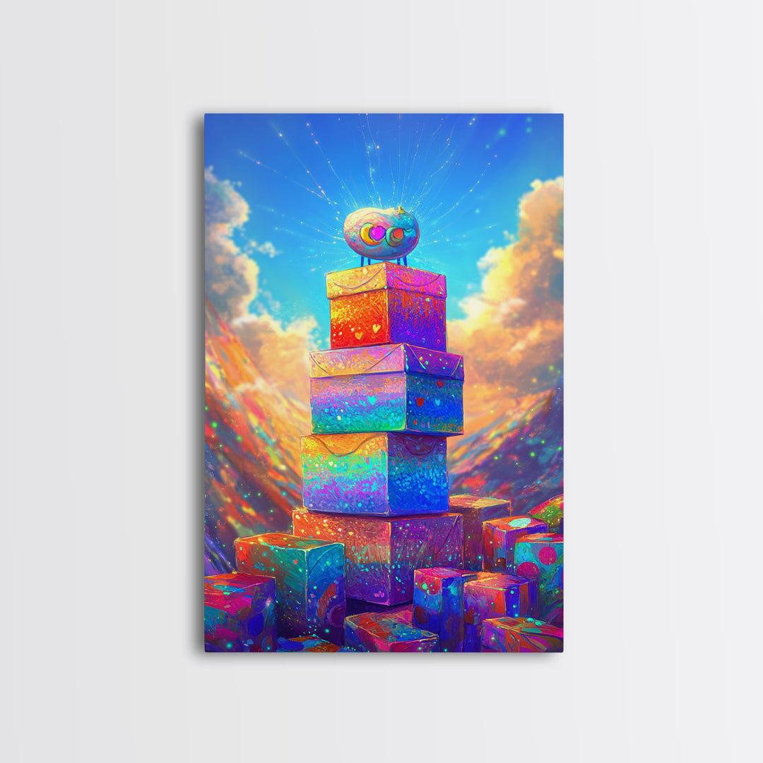 Sparkling Rainbow Gift Boxes In Mountain Sky Canvas Print, Whimsical Wall Art For Kids Room Nursery Decor And Birthday Gift