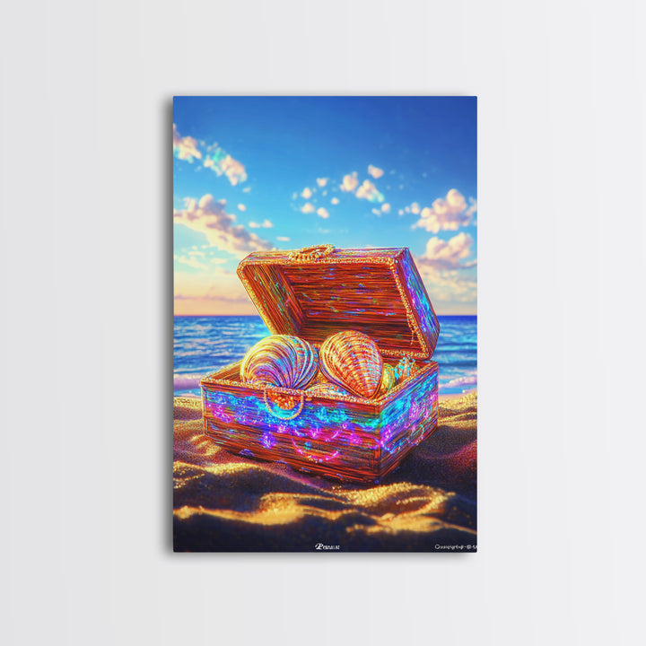 Glittering Seashell Treasure Chest Canvas Print, Coastal Beach House Decor, Ocean Wall Art, Nautical Gift For Her Home Decor