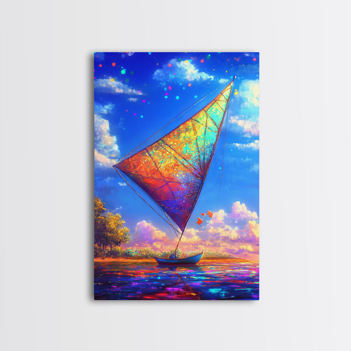 Rainbow Sailboat On Sparkling Water Wall Art, Coastal Canvas Print, Nautical Decor, Ocean Art, Beach House Gift, Home Decor