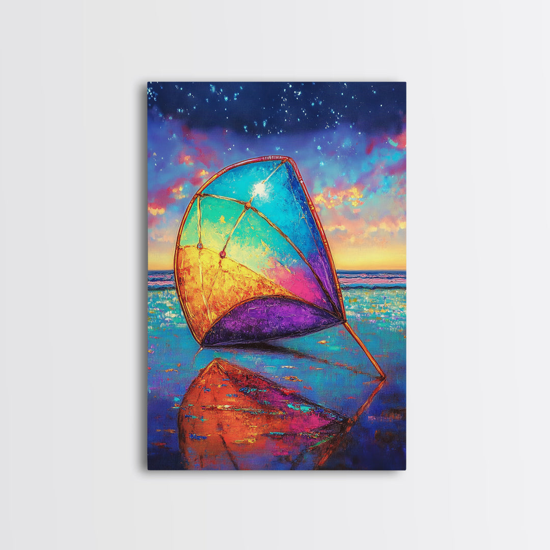 Rainbow Beach Sail At Twilight Canvas Print, Coastal Wall Art, Ocean Seascape Decor, Nautical Beach House Gift, Home Decor