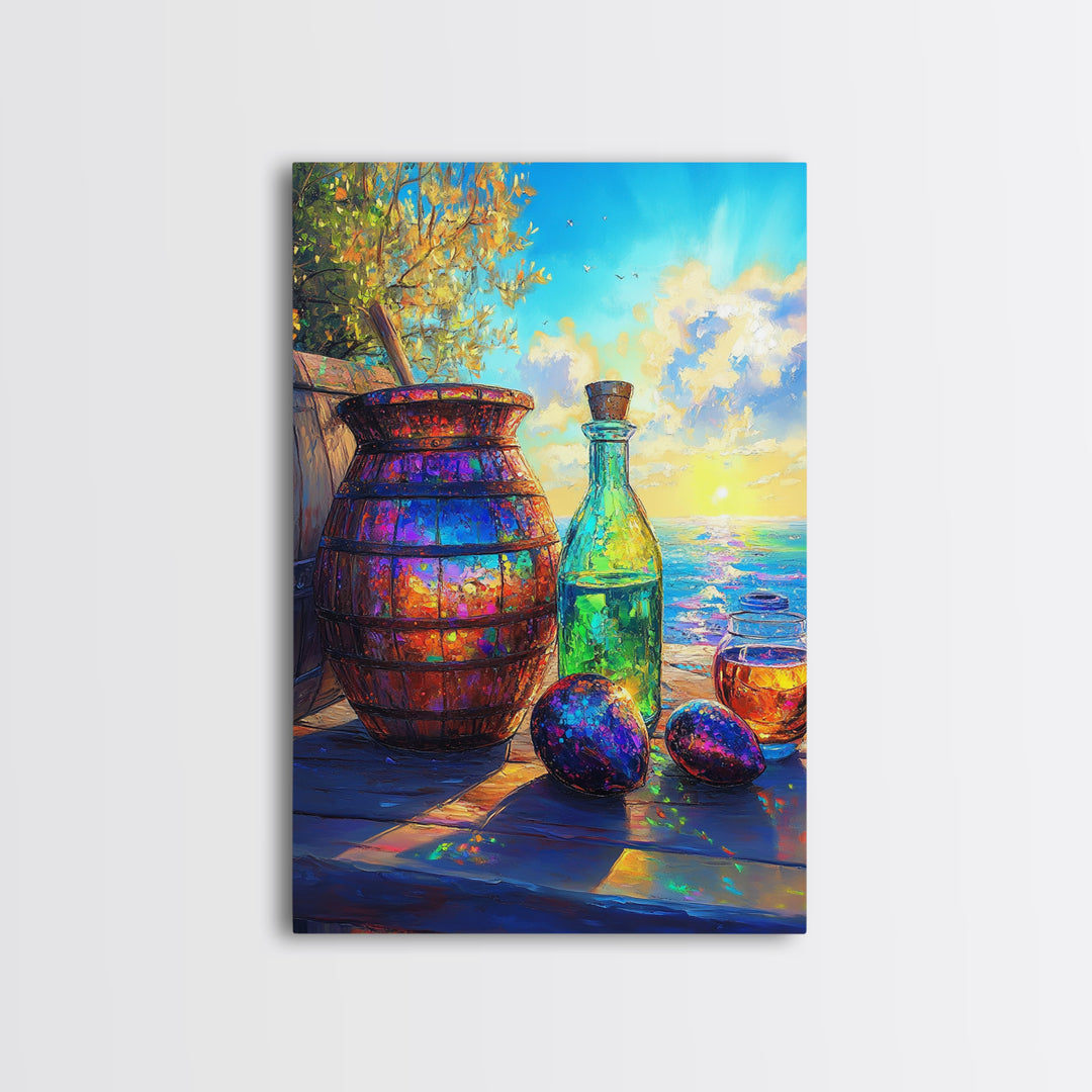 Coastal Bottle Vase And Figs Framed Canvas Print, Mediterranean Kitchen Wall Art, Wine Decor, Beach House Decor, Fine Art Print