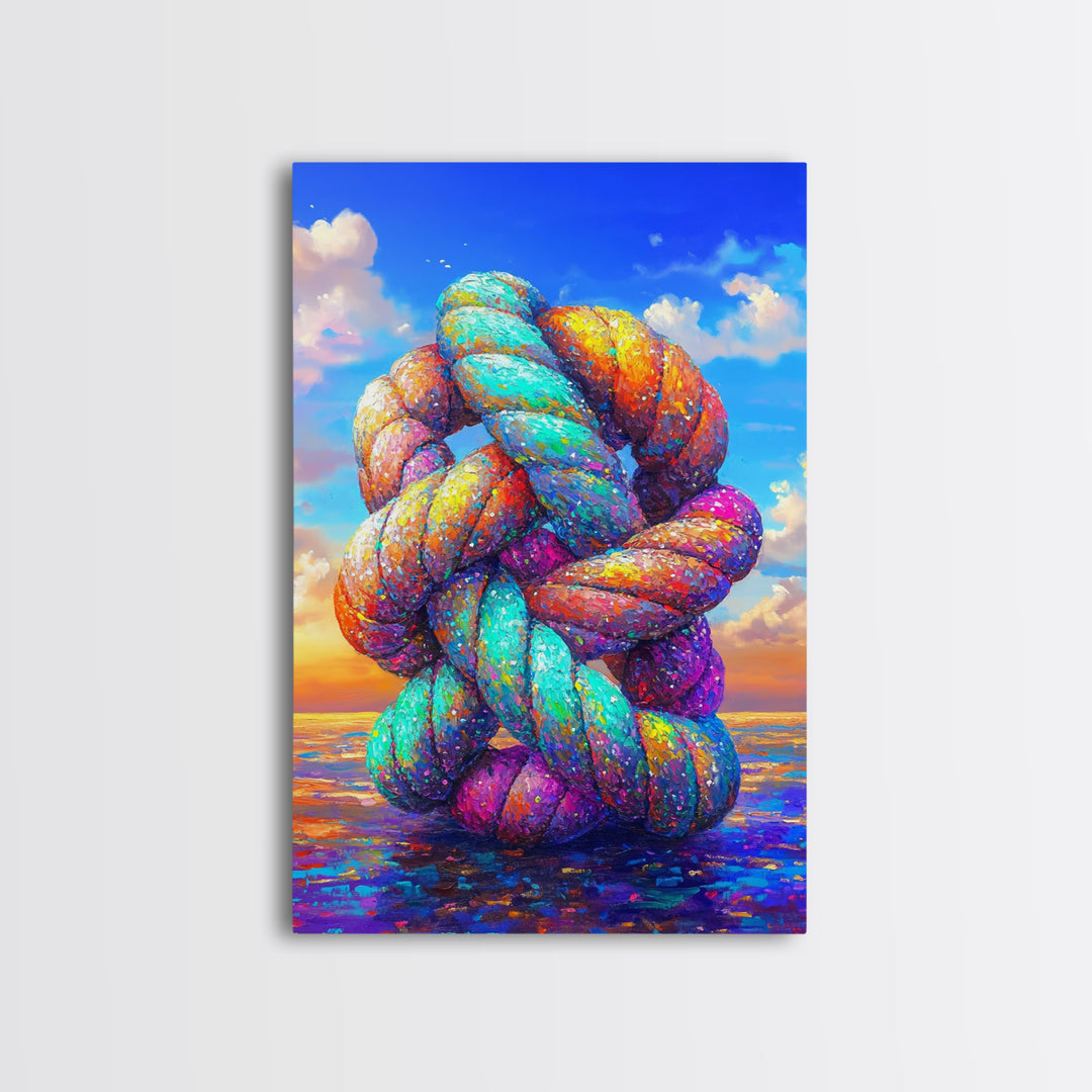Rainbow Twisted Knot Sculpture In Ocean Framed Canvas Print, Colorful Abstract Art, Modern Wall Art, Statement Home Decor