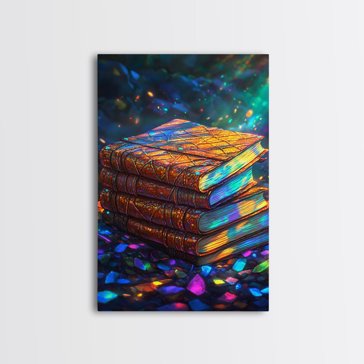 Glowing Antique Books Stack Canvas Print, Bookish Wall Art, Cozy Library Decor, Dark Academia Gift For Book Lover, Home Decor
