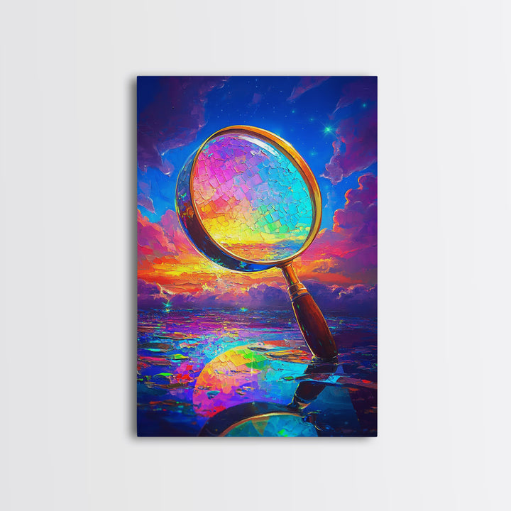 Rainbow Magnifying Glass At Sunset Canvas Print, Surreal Ocean Wall Art, Coastal Seascape Decor, Unique Office Art Gift For Him
