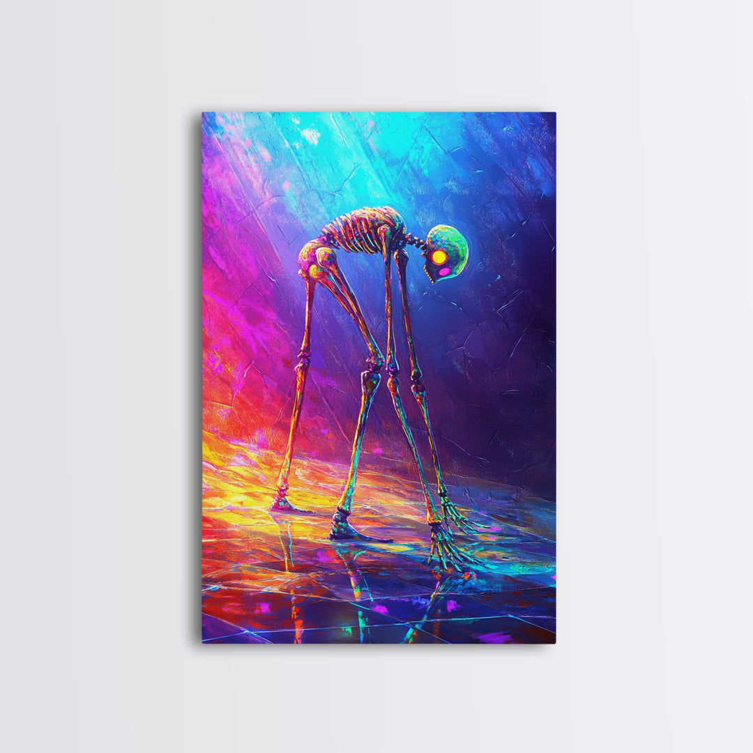 Neon Rainbow Skeleton Walker Framed Canvas Print, Surreal Dark Art, Gothic Wall Decor, Dystopian Sci Fi Artwork Gift For Him