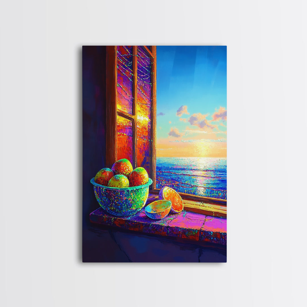 Sunlit Oranges By Ocean Window Canvas Print, Coastal Kitchen Wall Art, Beach House Decor, Vibrant Fruit Still Life Gift For Her