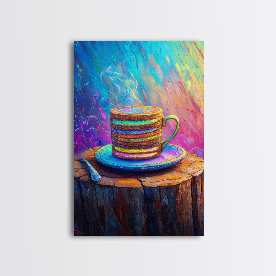 Steaming Rainbow Coffee Cup On Rustic Stump Canvas Print, Cozy Kitchen Wall Art, Coffee Bar Decor, Gift For Coffee Lover