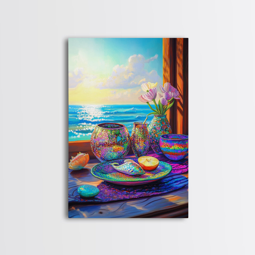 Seaside Shells And Flowers On Sunny Table Canvas Print, Coastal Kitchen Wall Art, Beach House Decor, Ocean Home Decor Gift