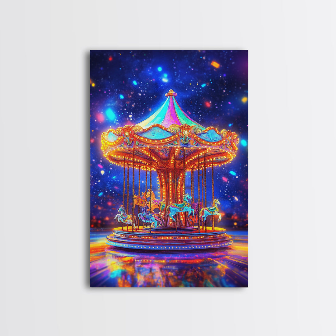 Glowing Carousel Horses Under Starry Sky Canvas Print, Whimsical Wall Art, Nursery Decor, Fantasy Art, Kids Room Decor Gift