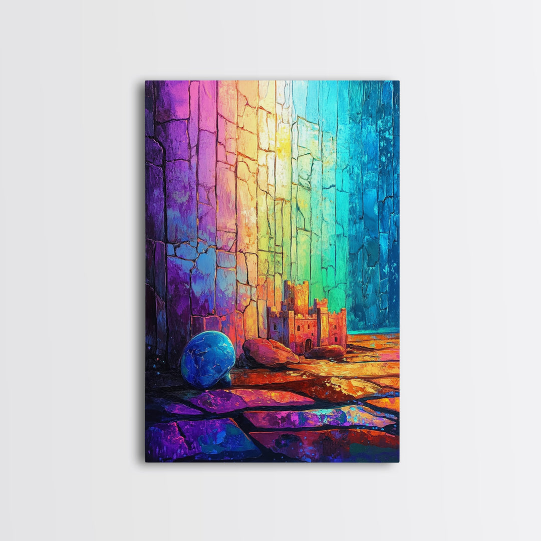 Tiny Castle And Blue Ball In Rainbow Light Framed Canvas Print, Abstract Wall Art, Colorful Decor, Whimsical Fantasy Gift