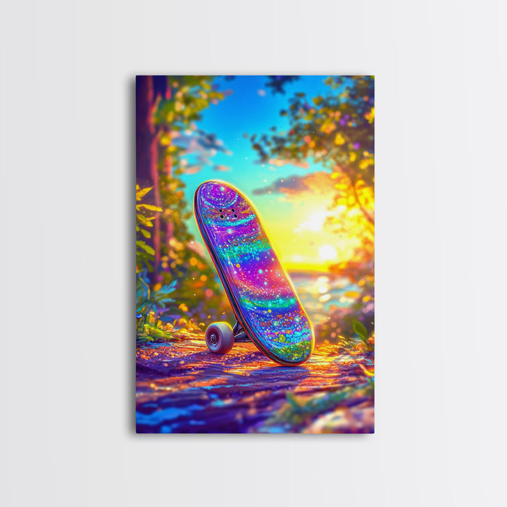 Rainbow Glitter Skateboard At Golden Sunset Wall Art, Canvas Print, Colorful Teen Room Decor, Skateboard Poster, Unique Gift