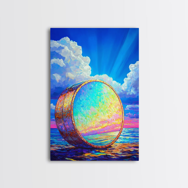 Iridescent Ocean Drum Under Blue Sky Canvas Print, Coastal Wall Art, Music Room Decor, Seascape Art Print, Colorful Gift