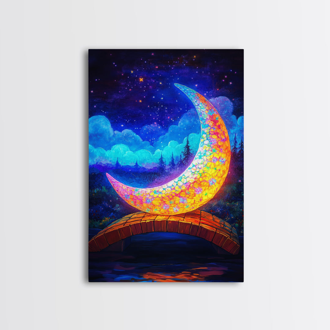 Glowing Crescent Moon Bridge Wall Art, Celestial Canvas Print, Fantasy Nursery Decor, Whimsical Night Sky Art Gift For Kids Room