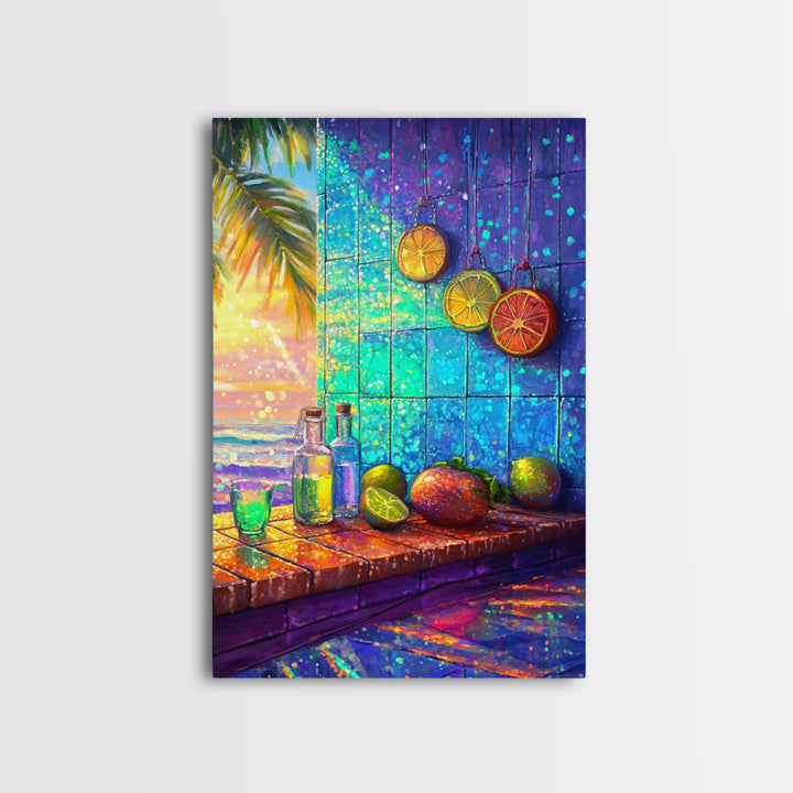 Tropical Citrus Window Still Life Framed Canvas Print, Coastal Kitchen Wall Art, Beach House Decor, Colorful Bar Art Poster