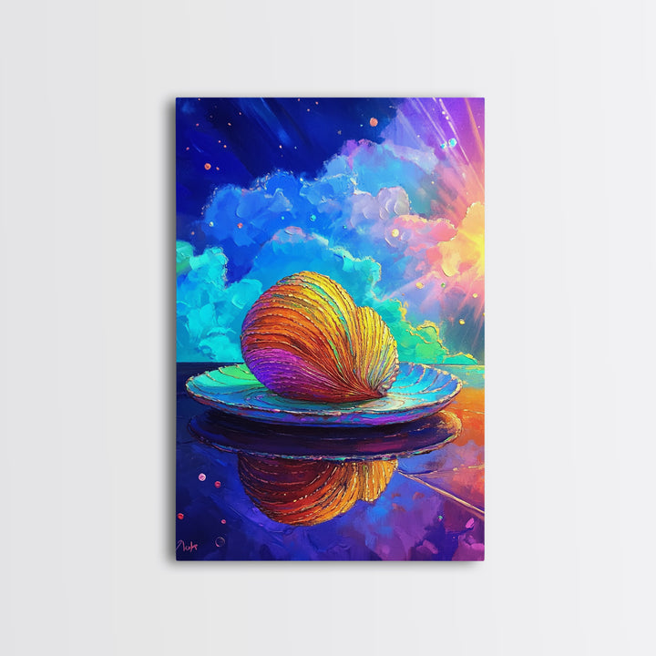 Rainbow Seashell On Reflective Plate Wall Art, Coastal Canvas Print, Ocean Decor, Beach House Gift, Colorful Seascape Art